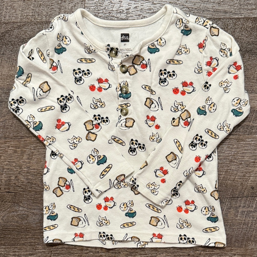 Tea Collection 100% Cotton Long Sleeve Henley in "Animal Cafe" Print
